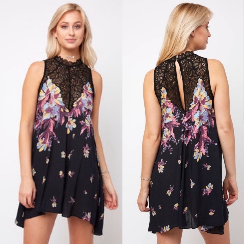 Free People Intimately Floral Lace Mini Dress Black Multicolor Size M
